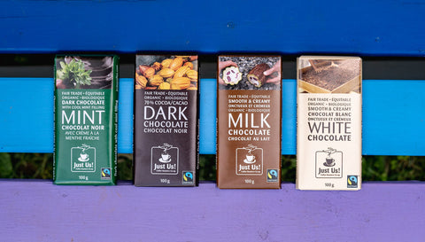 Organic chocolate bars in milk mint dark and white flavours.